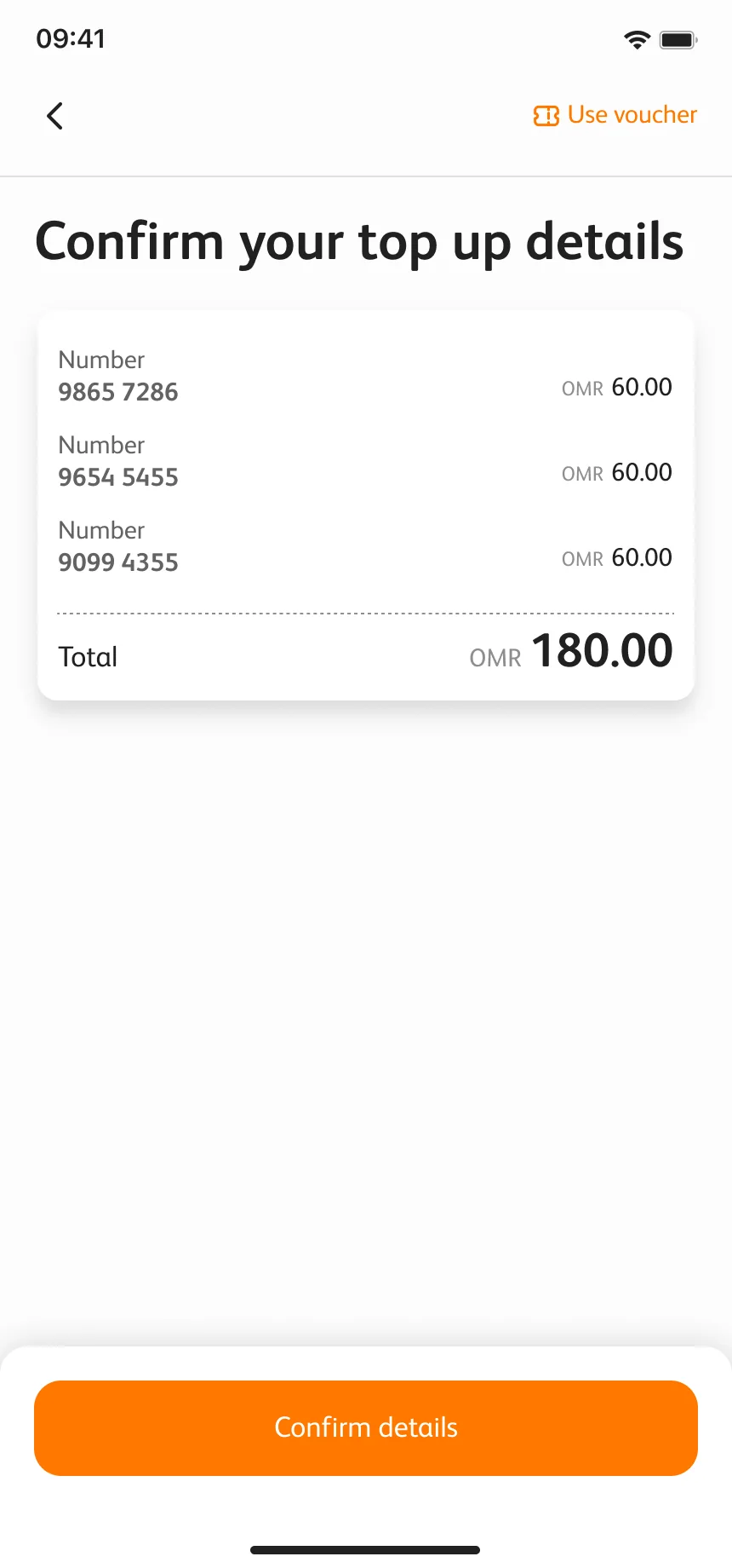 Confirming a top-up for several numbers with one total
