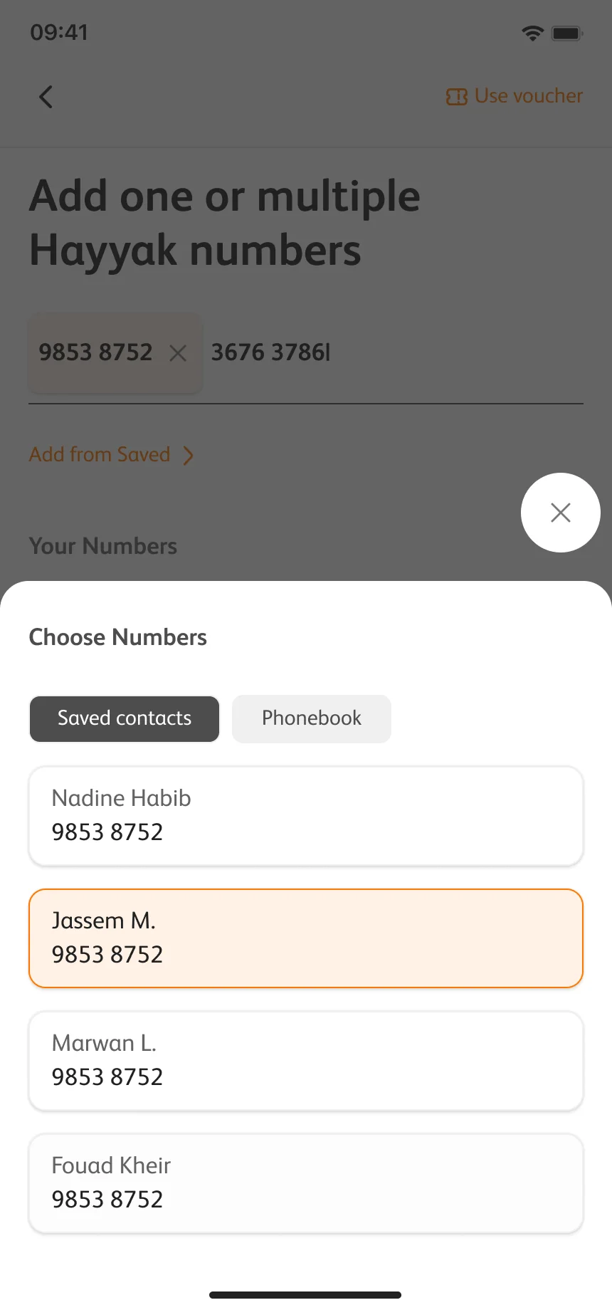 Add from your numbers: a bottom sheet listing the customer's lines