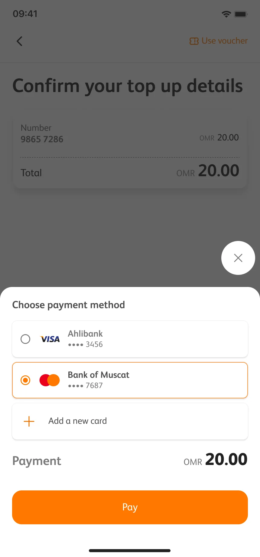 A payment method bottom sheet over the dimmed confirm screen