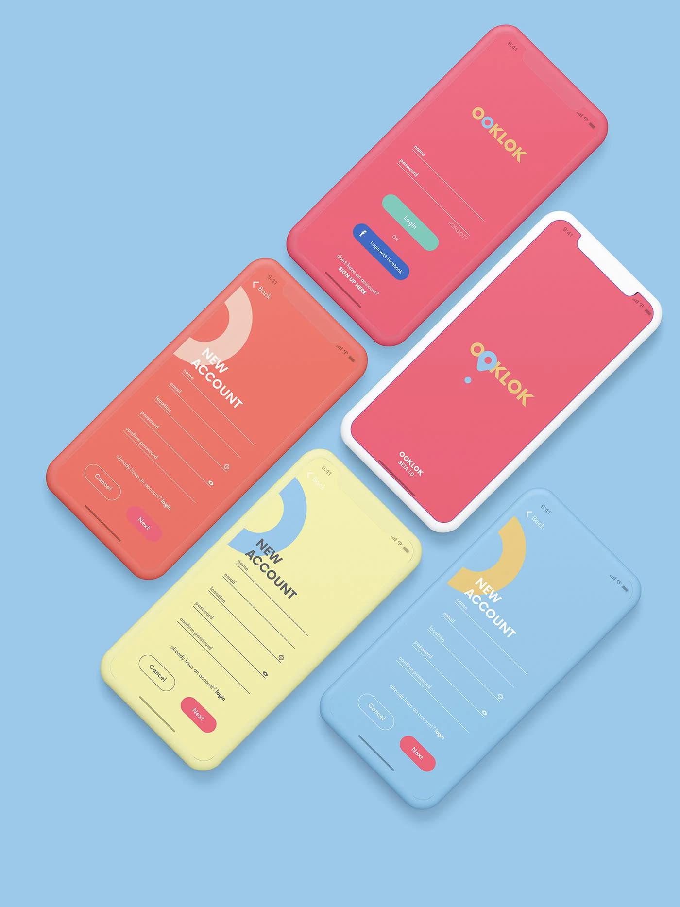 OOKLOK login, registration and splash screens arranged on colourful phone mockups