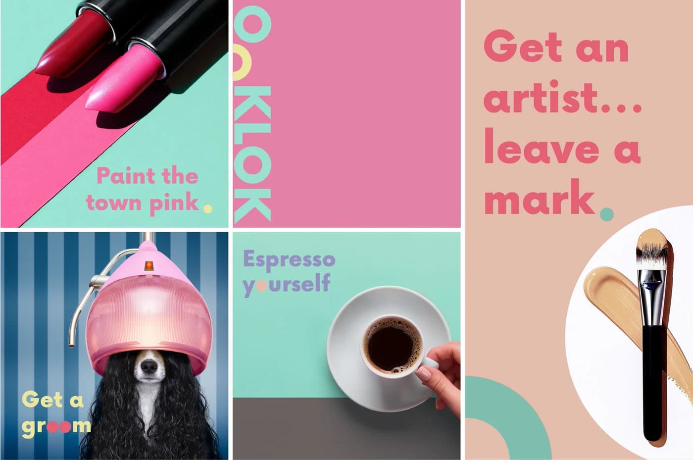 Colourful OOKLOK service compositions featuring beauty, grooming and coffee imagery with playful copy