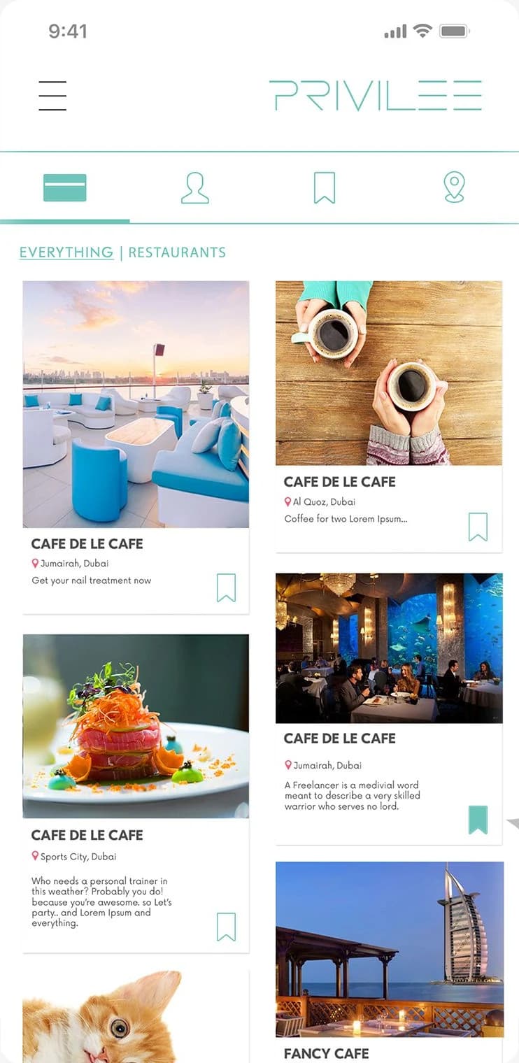 Everything | Restaurants: a two-column grid of places, each with a photograph, its area in Dubai and a bookmark