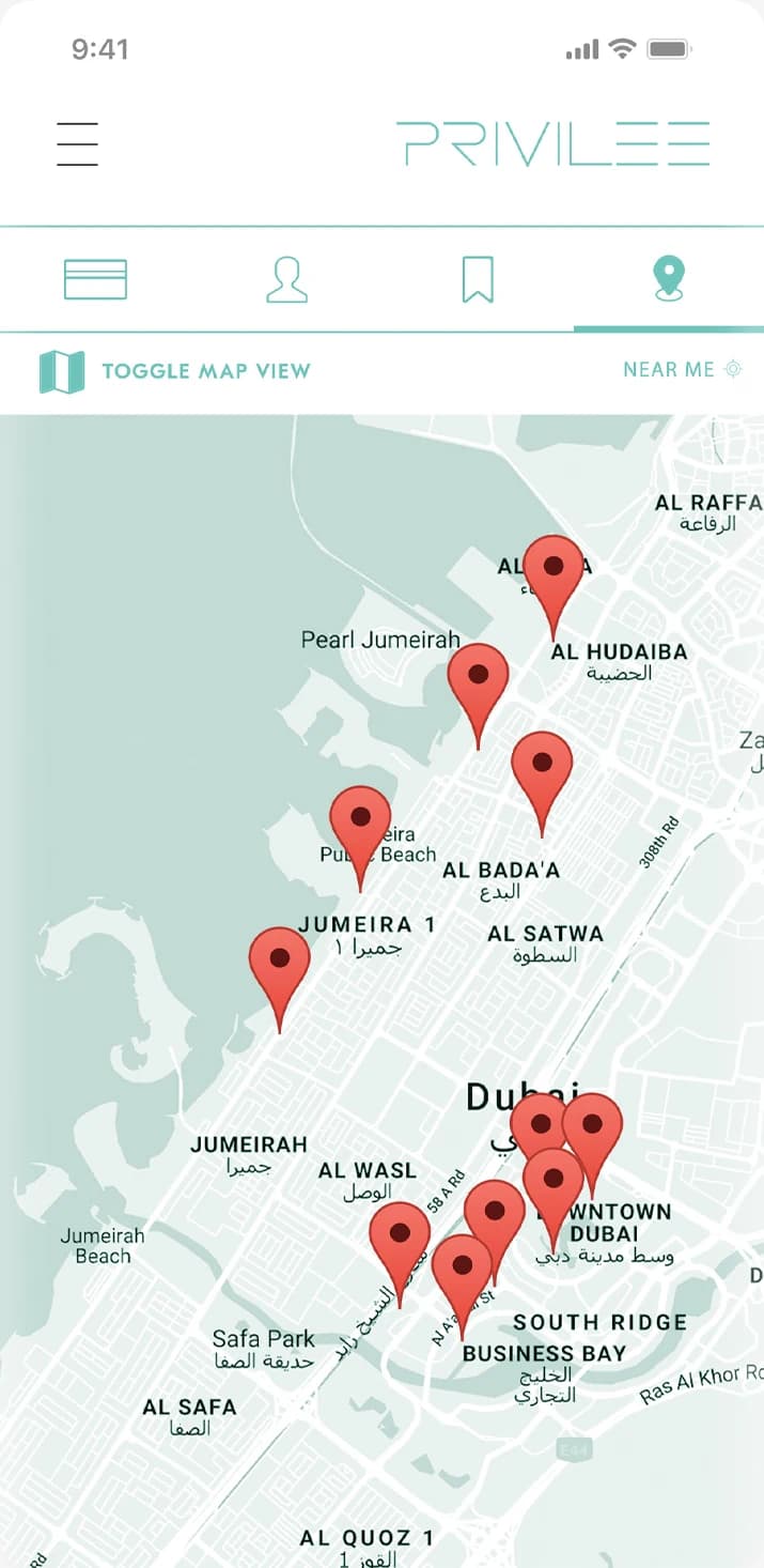 Near me as a map of Dubai, with red pins from Pearl Jumeirah to Business Bay