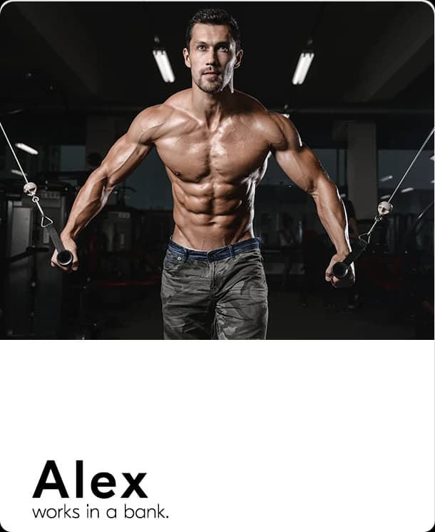 Persona card: Alex, works in a bank, photographed training in a gym