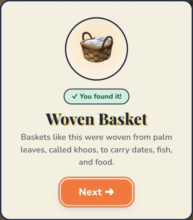 Lesson card: Woven Basket. Baskets like this were woven from palm leaves, called khoos, to carry dates, fish and food.