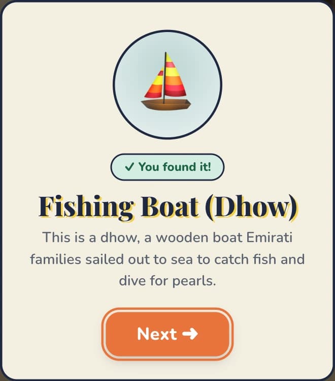 Lesson card: Fishing Boat (Dhow). This is a dhow, a wooden boat Emirati families sailed out to sea to catch fish and dive for pearls.