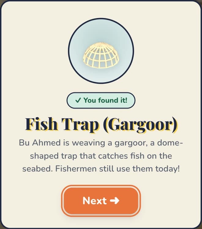 Lesson card: Fish Trap (Gargoor). Bu Ahmed is weaving a gargoor, a dome-shaped trap that catches fish on the seabed.
